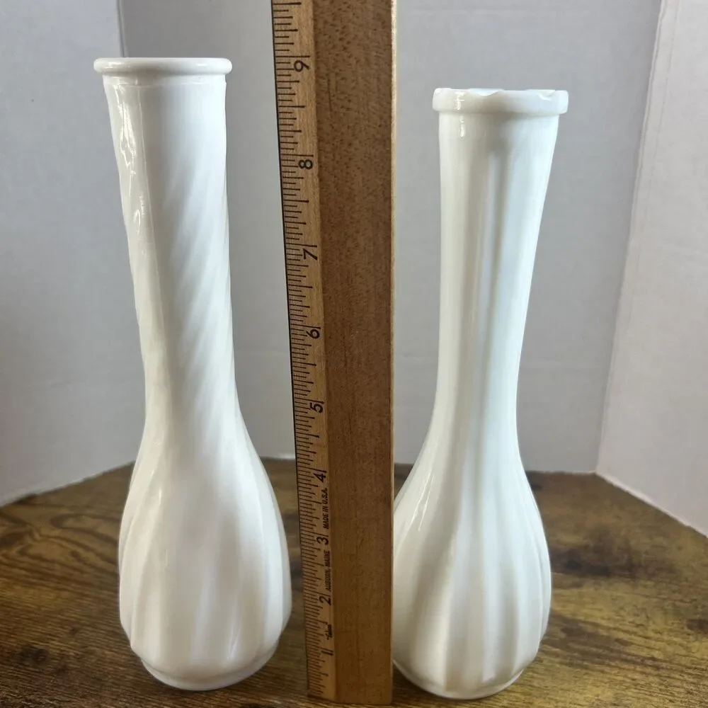Hoosier Swirl White Milk Glass Vase 10” & CLG Ribbed Vase 9.75” Vintage Set of 2